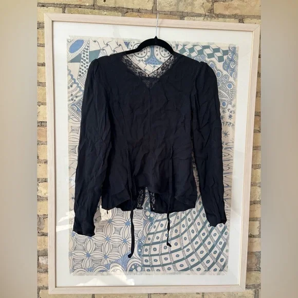 Reformation Black Lace-Trim Tie Front Blouse - Picture 6 of 8